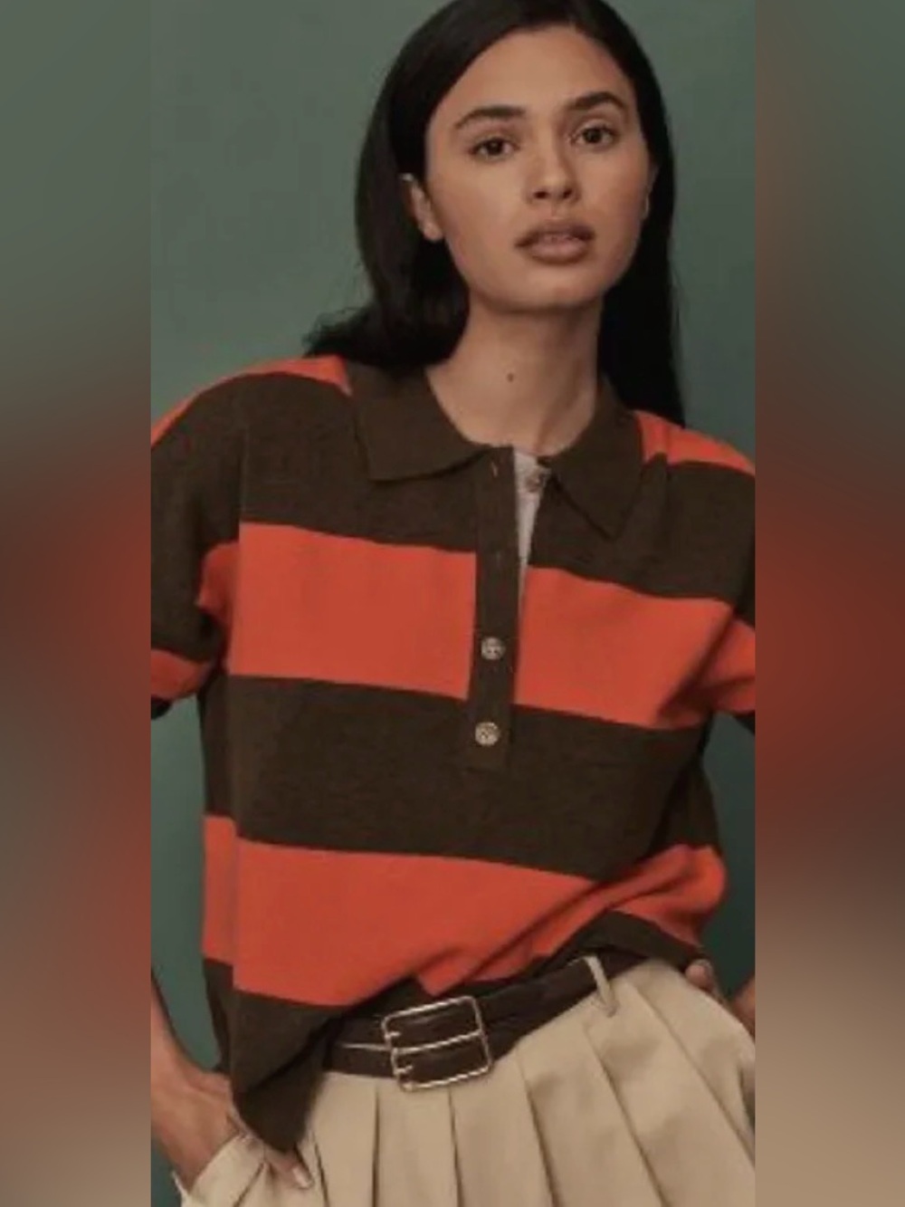 Maeve Rugby Striped Polo Sweater in Brown & Orange Size XS
